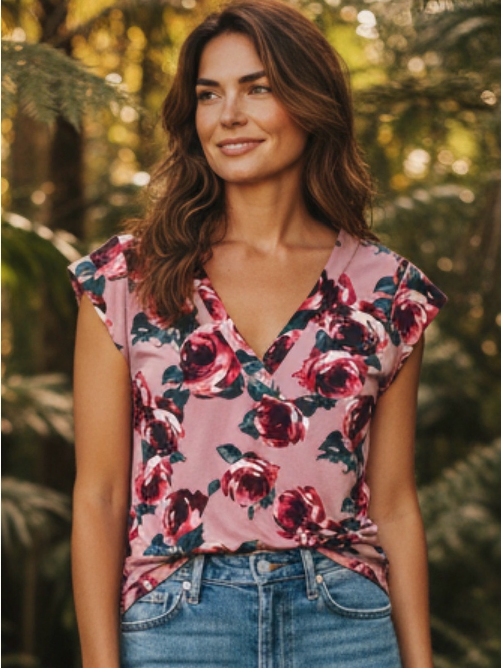 Sweet Rain Pink Floral V-Neck Blouse
